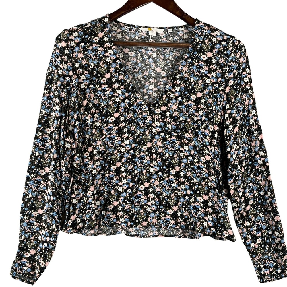 Boden Womens 10 Olive Floral V Neck Peplum Blouse Pink Blue Boho Prairie Top